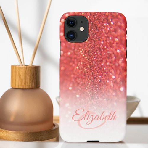 Chic Monogram Coral Glitter Ombre First Name iPhone 11 Case