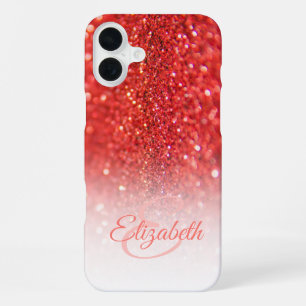 Chic Monogram Coral Glitter Ombre First Name iPhone 16 Plus Case