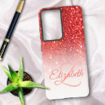 Chic Monogram Coral Glitter Ombre First Name Samsung Galaxy S21 Ultra Case<br><div class="desc">This chic ombre design features a coral glitter background with custom name and initial letter monogram. Personalize the case in the text fields with a name and initial,  remove both or one or edit using the design tool to select a font style,  size,  and color you like.</div>