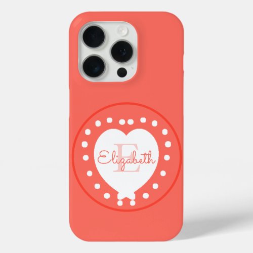 Chic Monogram Coral White Heart Initial Letter iPhone 15 Pro Case