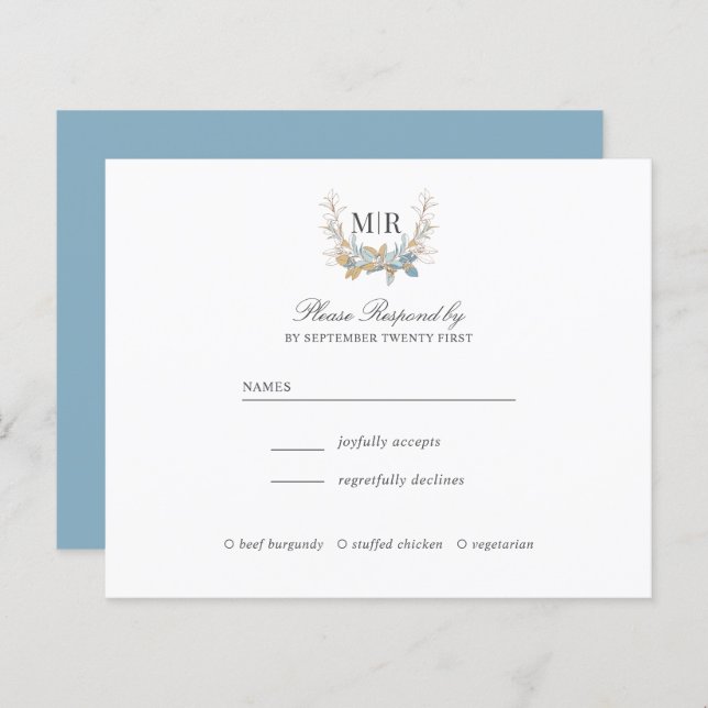 Chic Monogram Crest Gold and blue Wedding RSVP (Front/Back)