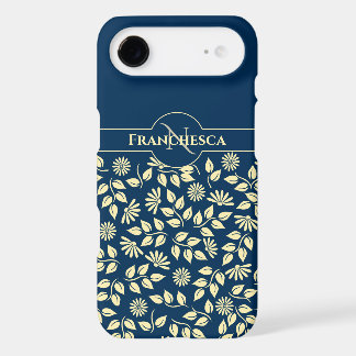 Chic Monogram Custom Name Leaves Daisies Blue iPhone 17 Air Case