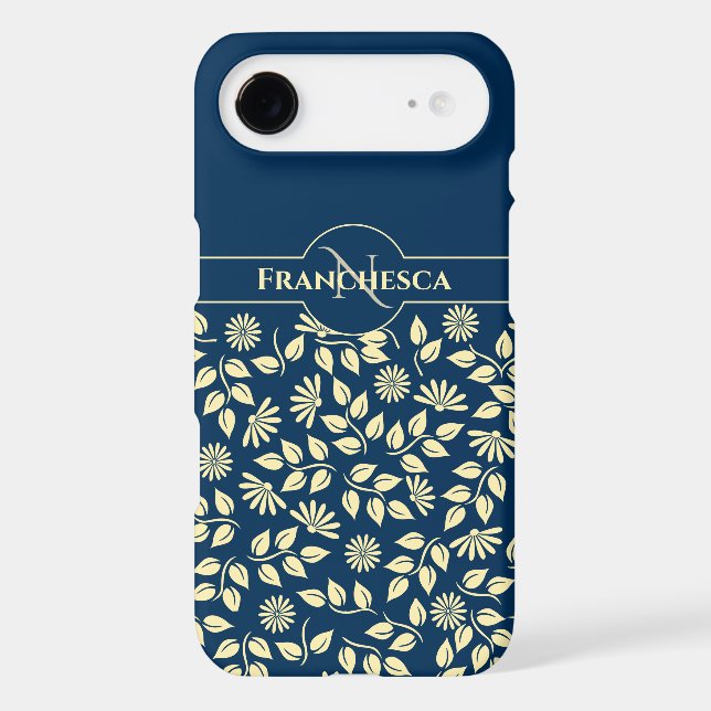 Chic Monogram Custom Name Leaves Daisies Blue Case-Mate iPhone Case (Back)
