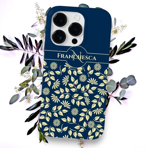 Chic Monogram Custom Name Leaves Daisies Blue Case_Mate iPhone 14 Pro Max Case