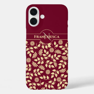 Chic Monogram Custom Name Leaves Daisies Burgundy iPhone 16 Plus Case