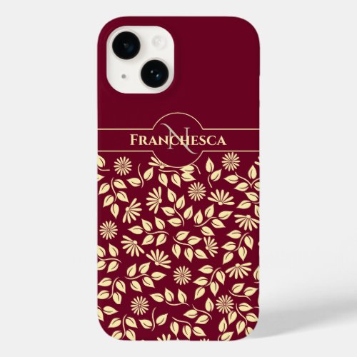 Chic Monogram Custom Name Leaves Daisies Burgundy Case_Mate iPhone 14 Case