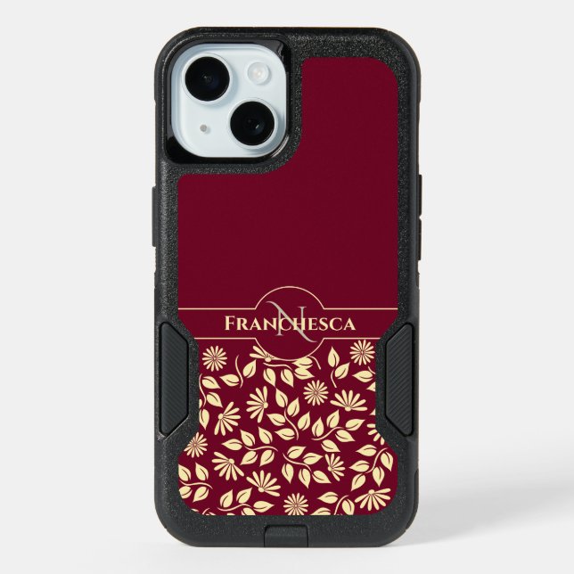 Chic Monogram Custom Name Leaves Daisies Burgundy iPhone 15 Case (Back)