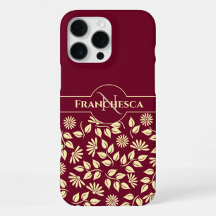 Chic Monogram Custom Name Leaves Daisies Burgundy iPhone 16 Pro Max Case