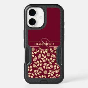 Chic Monogram Custom Name Leaves Daisies Burgundy iPhone 16 Case
