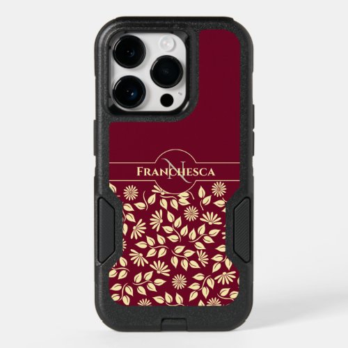 Chic Monogram Custom Name Leaves Daisies Burgundy OtterBox iPhone 14 Pro Case