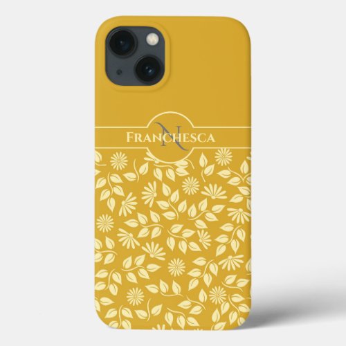 Chic Monogram Custom Name Leaves Daisies Gold iPhone 13 Case