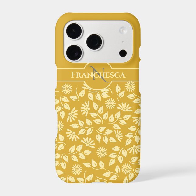 Chic Monogram Custom Name Leaves Daisies Gold Case-Mate iPhone Case (Back)