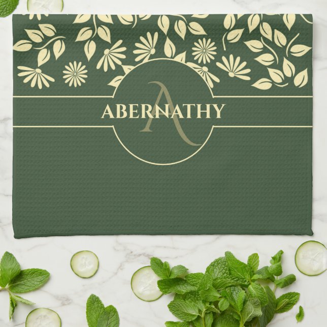 Chic Monogram Custom Name Leaves Daisies Green Kitchen Towel (Folded)