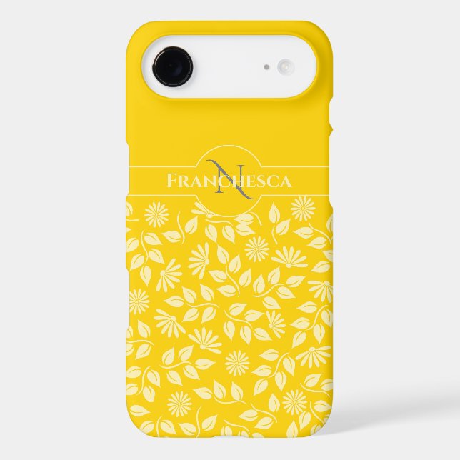Chic Monogram Custom Name Leaves Daisies Yellow Case-Mate iPhone Case (Back)
