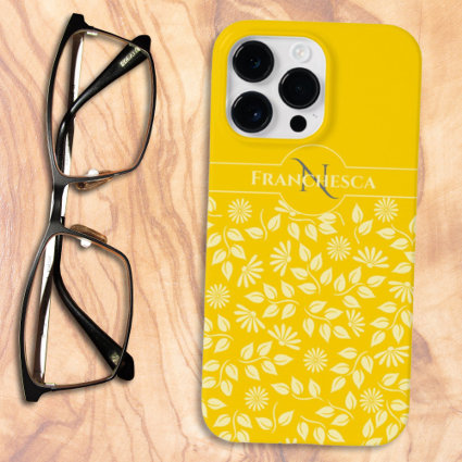 Chic Monogram Custom Name Leaves Daisies Yellow