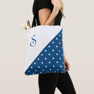 Chic Monogram Dark Blue White Polka Dot Geometric Tote Bag