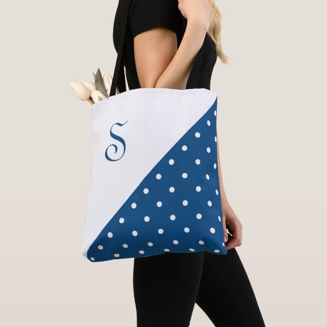 Chic Monogram Dark Blue White Polka Dot Geometric Tote Bag (Close Up)