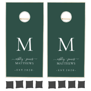 Chic Monogram Dark Green Wedding Cornhole Set