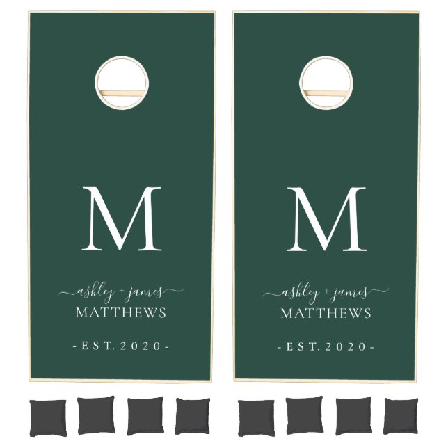 Chic Monogram Dark Green Wedding Cornhole Set (Set)