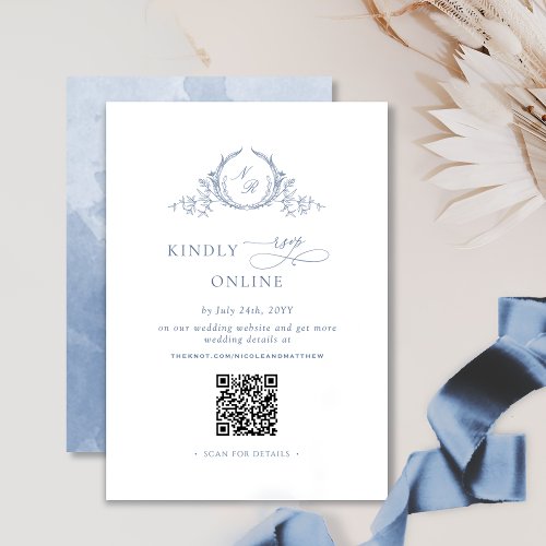 Chic Monogram Dusty Blue QR Code Wedding RSVP  Enclosure Card