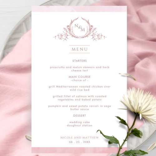 Chic Monogram Dusty Rose Watercolor Wedding Menu