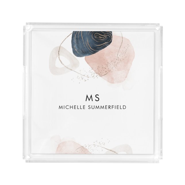 Chic Monogram Earthy Stone Marble Custom Acrylic Tray (Front)