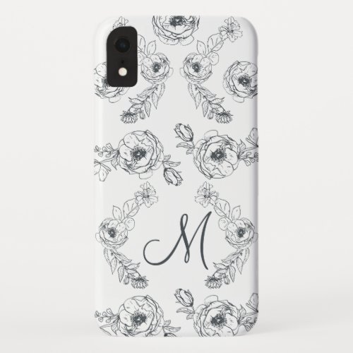 Chic Monogram Elegant Script Black White Floral iPhone XR Case