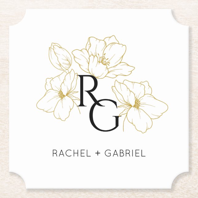 Chic Monogram Faux Gold Floral Wedding  Paper Coaster (Front)