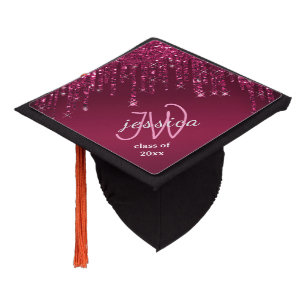 Chic Monogram Girly Hot Pink Glitter Drips  Graduation Cap Topper