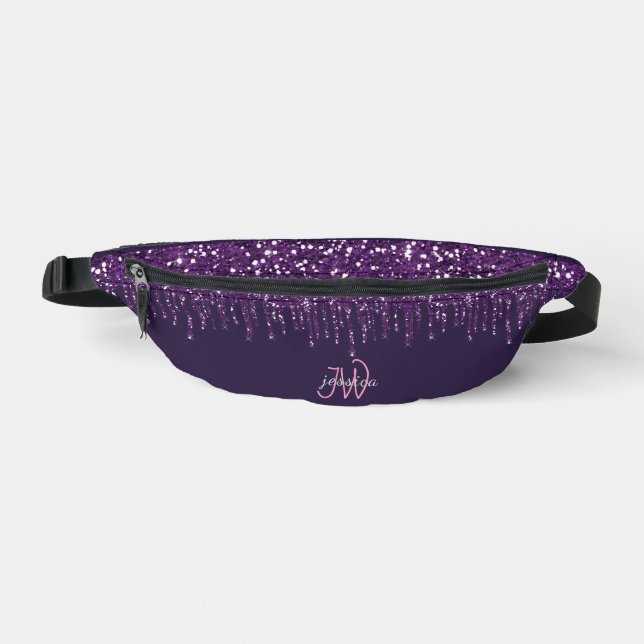 Chic Monogram Girly Hot Purple Glitter Drips  Fanny Pack (Front)