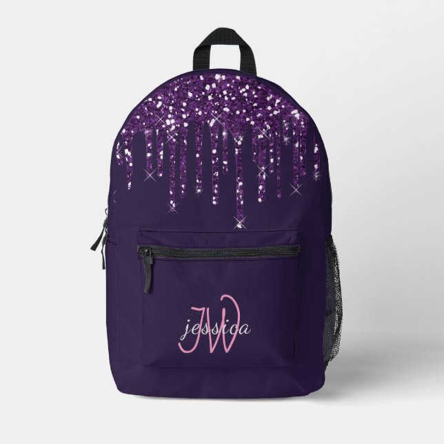 Chic Monogram Girly Hot Purple Glitter Drips  Printed Backpack (Front)