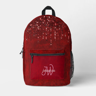 Chic Monogram Girly Hot Red Glitter Drips Printed Backpack