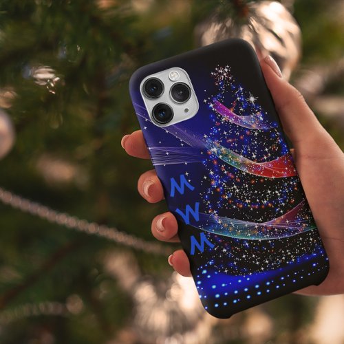 Chic Monogram Glitter Christmas Tree Navy iPhone 11 Case
