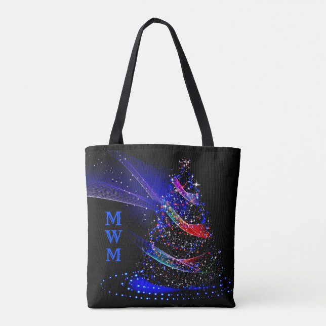 Chic Monogram Glitter Christmas Tree Navy Tote Bag (Back)