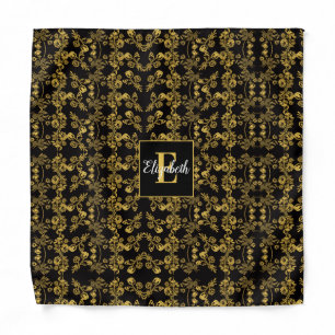 chic Monogram Gold Floral print pattern on black Bandana