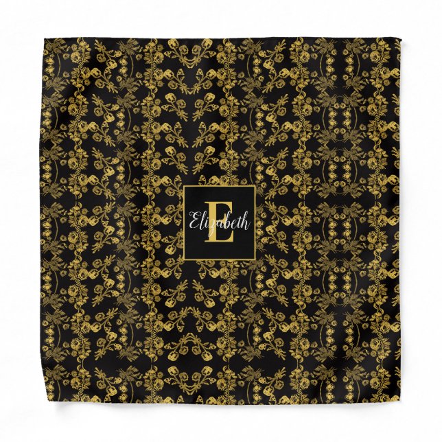 chic Monogram Gold Floral print pattern on black Bandana (Front)