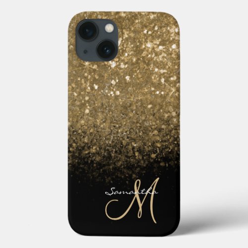 Chic Monogram Gold Glitter  Black  iPhone 13 Case