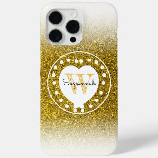 Chic Monogram Gold Glitter Heart Initial Letter iPhone 15 Pro Max Case