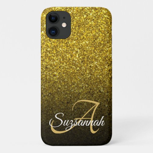 Chic Monogram Gold Glitter Ombre First Name iPhone 11 Case