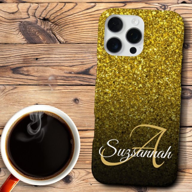 Chic Monogram Gold Glitter Ombre First Name iPhone Case (gold faux glitter monogram phone case design)