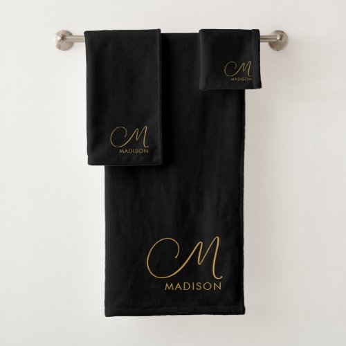 Chic Monogram Gold Script Name Black Bath Towel Set