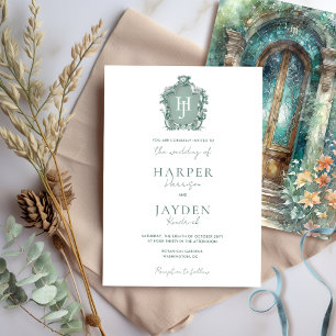 Chic Monogram Green, Blue Teal Watercolor Wedding Invitation