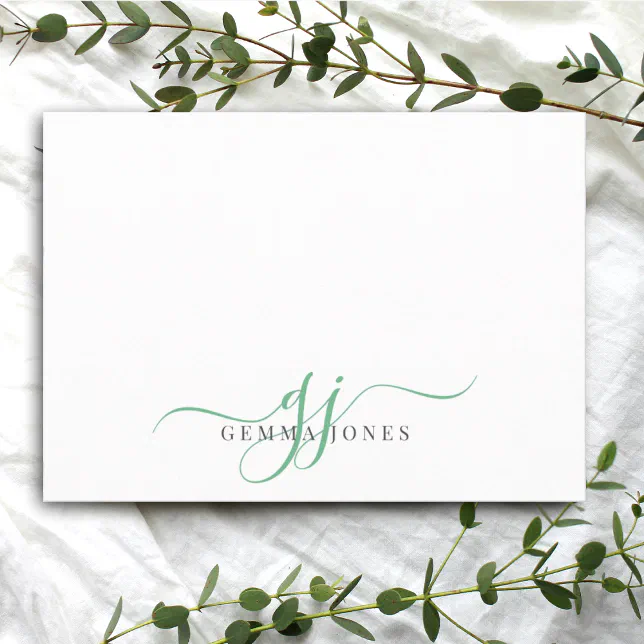 Chic Monogram Green Script Initials Note Card | Zazzle
