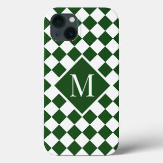 Chic Monogram Green White Checkered Pattern iPhone 13 Case