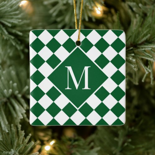 Chic Monogram Green White Checkered Pattern Ceramic Ornament