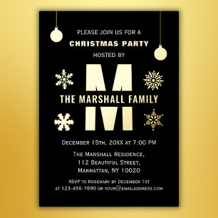 Chic Monogram Holiday Party Merry Christmas Balls Foil Invitation