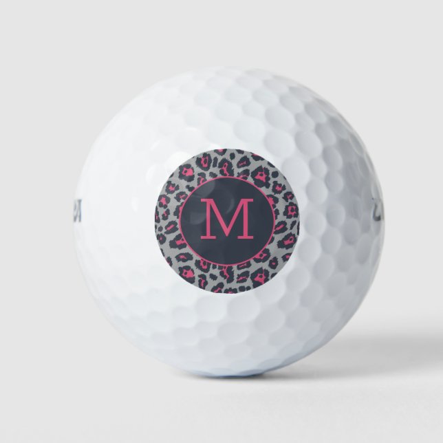 Chic Monogram Hot Pink Gray Leopard Print Pattern Golf Balls (Front)