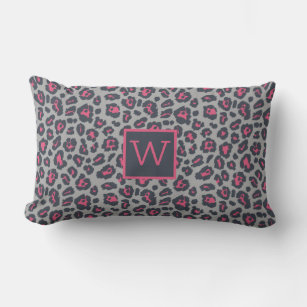 Chic Monogram Hot Pink Gray Leopard Print Pattern Lumbar Pillow