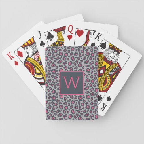 Chic Monogram Hot Pink Gray Leopard Print Pattern Playing Cards