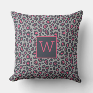 Chic Monogram Hot Pink Gray Leopard Print Pattern Throw Pillow